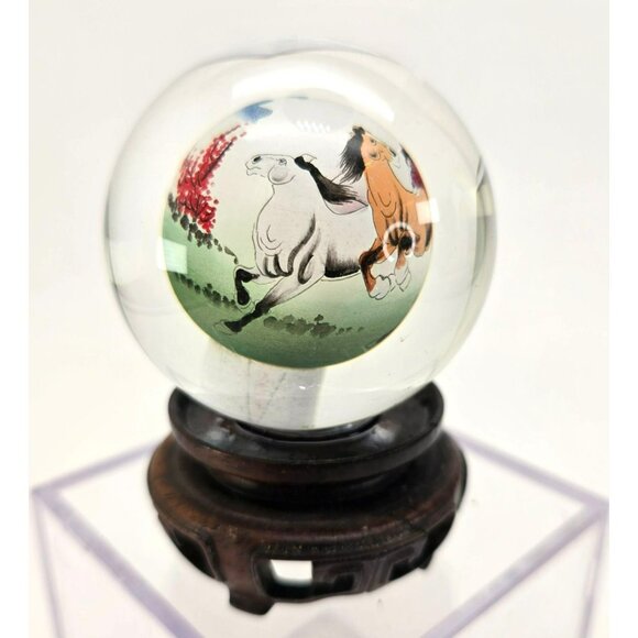 Hand-Painted Crystal Glass Ball Globe With Horses Asian Decor Wooden Stand je218 - Picture 3 of 8